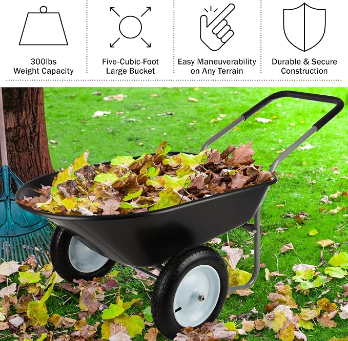 Wheelbarrow - 2-Wheel Garden Cart with 300lb Weight Capacity and Padded Handle - Wheelbarrows for Landscaping and Lawn Care by Pure Garden (Black)
