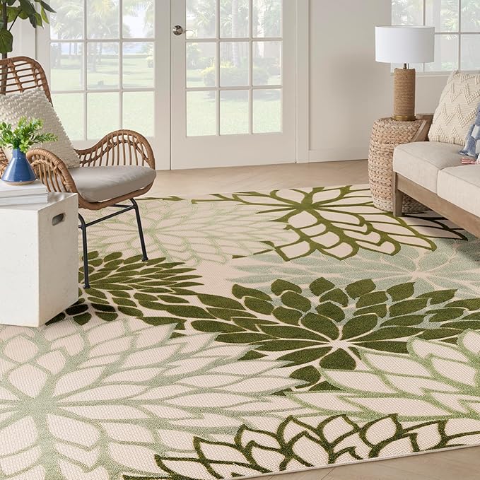 Nourison Home Aloha Indoor-Outdoor Ivory Green 9' x 12' Area Rug, Easy Cleaning, Non Shedding, Bed Room, Living Room, Dining Room, Backyard, Patio, Deck (9x12)