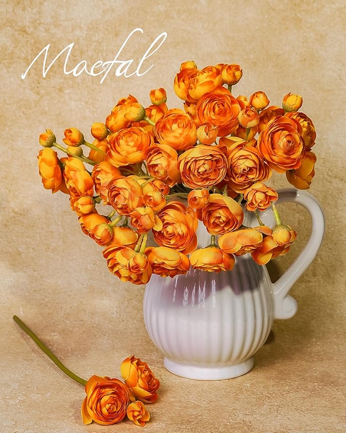 Ranunculus Artificial Flowers 18pcs, Faux Silk Mini Ranunculus Bulk Fake Wedding Filler Flowers for DIY Bouquets Centerpieces Bridal Shower Decorations Arrangements, Citrus Orange
