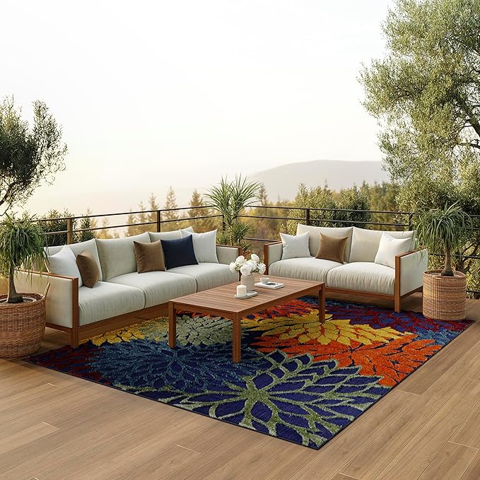 Nourison Home Aloha Indoor-Outdoor Navy Multicolor 6' x 9' Area Rug, Easy-Cleaning, Non Shedding, Bed Room, Living Room, Dining Room, Backyard, Deck, Patio (6x9)