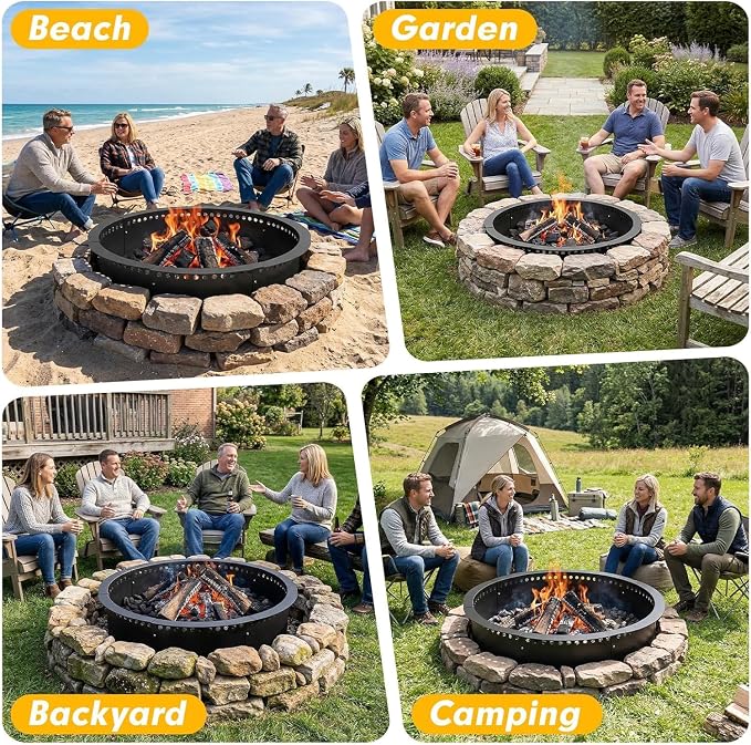 Smokeless Fire Pit Ring, 32 inch Outer/28 inch Inner Outside Fire Pit, Heavy Duty Large Solid Metal Steel Round Firepit Rim Insert for Outside Wood Burning, DIY Campfire Ring