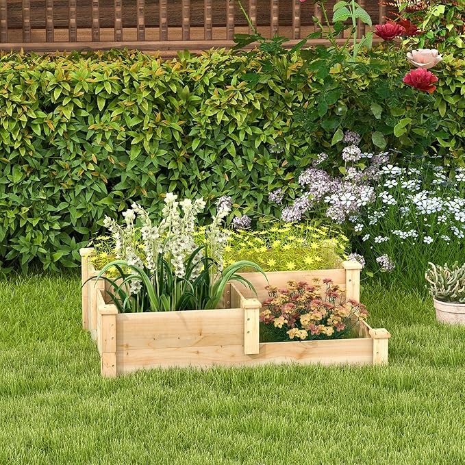 HAPPYGRILL 3-Tier Raised Garden Bed, Wood Elevated Flower Box with Open-Ended Base & Plug-in Connector, Outdoor Planter Raised Beds for Vegetables, Herbs & Fruits