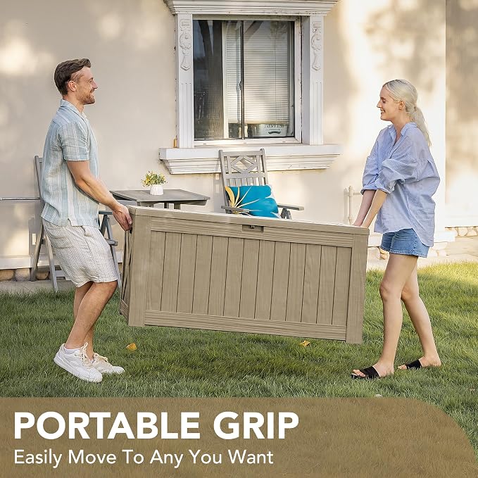 Devoko 120 Gallon Deck Box Resin Outdoor Storage Box Waterproof for Patio, Large Outdoor Storage Bench Lockable for Outside (Brown)