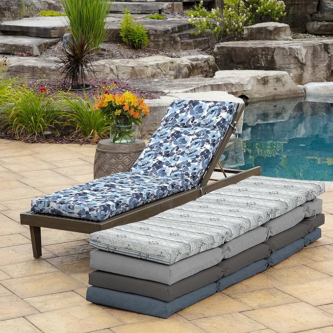 Arden Outdoor Chaise Cushion, 21 in x 72 in, Weather-Proof, Rain-Proof, Fade Resistant Patio Cushion for Chaise Lounger Blue Garden Floral