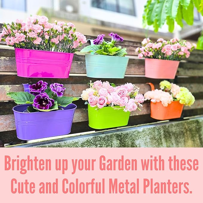 LaLaGreen Rail Planter (17 Inch, 6 Pack) Colorful Metal Hanging Flower Pots Railing Fence Balcony Gardening for Apartment Patio Planters Modern Garden Style Iron Outdoor Decoration Porch Decor