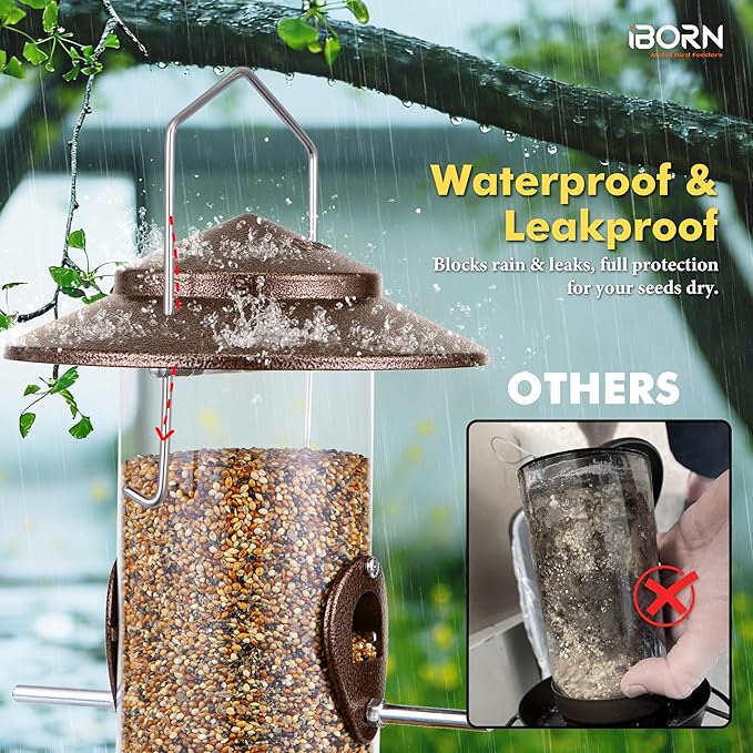 iBorn Bird Feeder Squirrel-Chew Proof Metal Hanging Birds Feeder Bird Feeders for Outdoors Hanging Outside for Cardinal, 3 Perches with 2 Feeding Ports, Brushed Coffee (Seed is not Included)