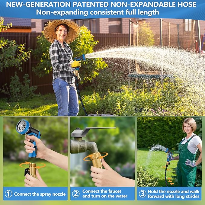 50 FT Non-Expandable Garden Hose, 2026 New Upgraded Flexible Water Hose, Ultra Lightweight Non-Expanding hoses with 10 Function Sprayer, Leak proof, Pressure Resistant for Yard, Outdoor