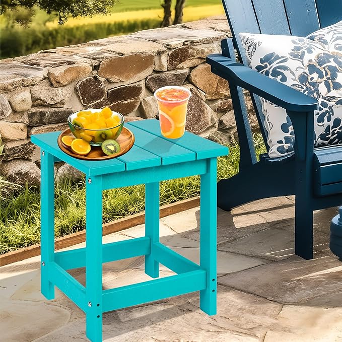 LZRS Square Patio Side Table, Heavy Duty HDPE Outdoor End Table with Wood Texture, Weatherproof Composite Table for Adirondack Chairs, Deck, Pool, Indoor/Outdoor, No Peeling or Cracking(Turquoise)