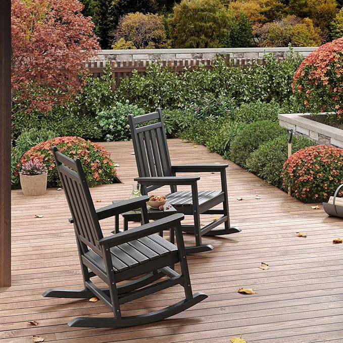 GarveeLife Rocking Chair Outdoor Set of 2 - HDPE Poly High Back Porch Rocker Chairs for Adults - All Weather Resistant Furniture for Patio Front Porch - Black