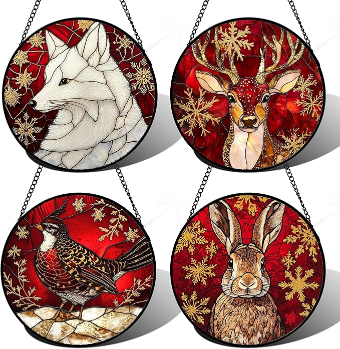 DASTOLL Stained Glass Window Hanging 4 Pcs Set Red Golden Snowflakes Large 15" - Christmas Elk Rabbit Suncatcher Door Garden Sun Catcher Decor Birthday for Mom Woman Nana Men