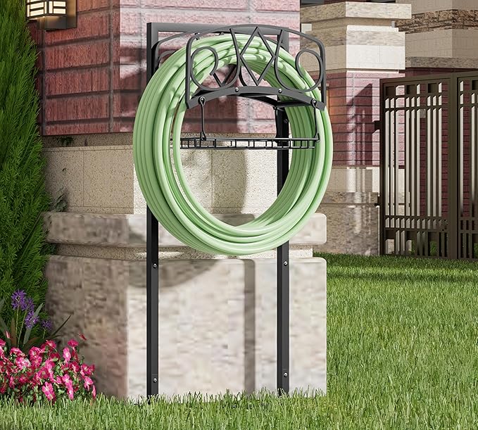 Freestanding Garden Hose Organizer with Black Powder-Coated Finish - Heavy-Duty Detachable Hose Stand Holds 150FT Hose, Includes Storage Basket & Assembly Tools for Outdoor Use