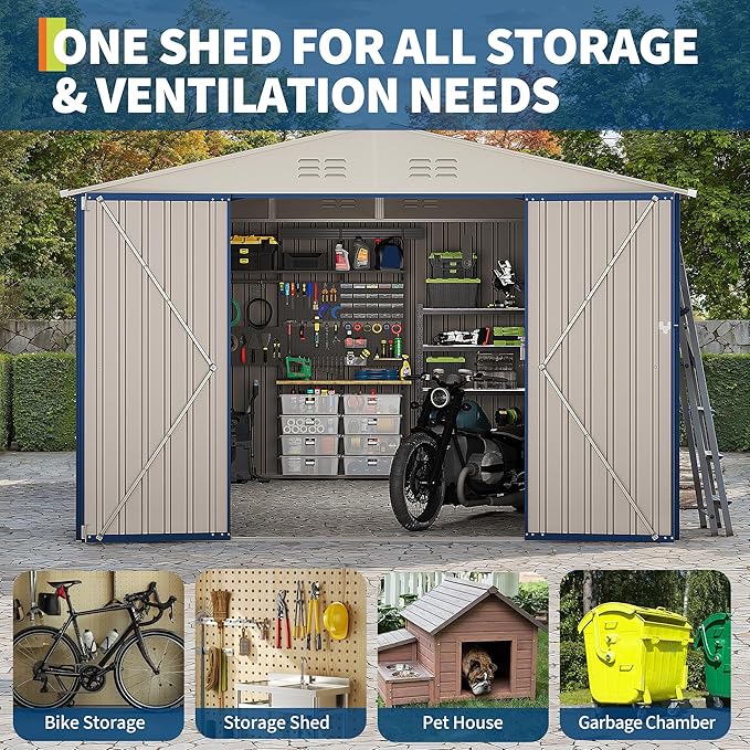 Garvee 10X12 FT Storage Shed with Cross Windows & Lockable Door，Large Outdoor Metal Shed，Peaked Roof Garden Shed for Lawn Mower, Bike, Tools - All Weather Secure Storage