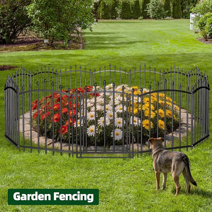 5 Panels，No Dig Edging Decorative Garden Fence，32 in （H） x 24 in（L），Metal Rustproof Panel，Outdoor Dog Fence，Animal Isolation Fence Suitable for Gardens，Roman Column Black with Gate