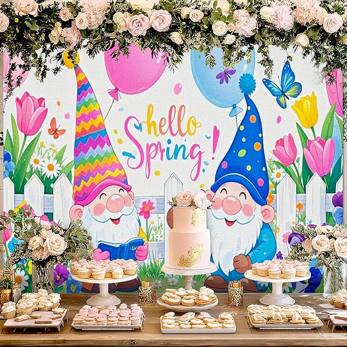 BlissYard 8x6ft Spring Gnome Garden Backdrop Hello Spring Photo Background Colorful Floral Party Banner Cute Cartoon Scene for Easter Baby Shower Birthday Classroom Event Photography Decoration