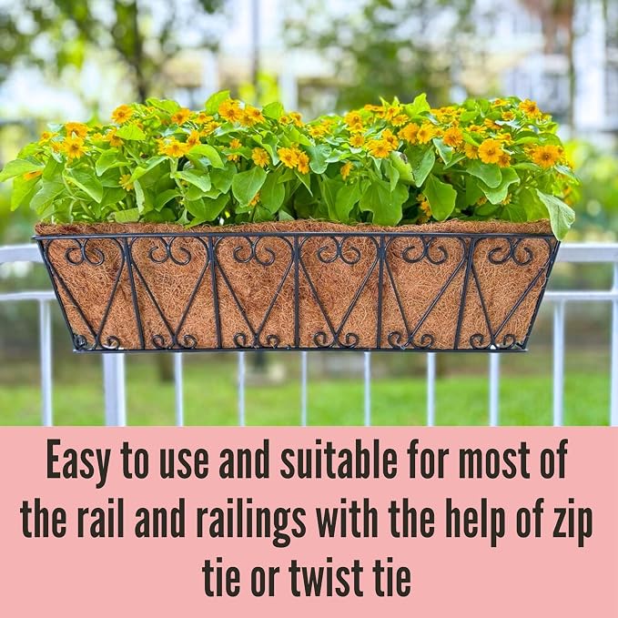LaLaGreen Outdoor Wall Planters - 2 Pack, 30 Inch Deck Railing Hanging Pot, Over the Rail Window Flower Boxes Black Plant Basket Attach to House with Coco Liner Metal Fence Balcony Patio Porch