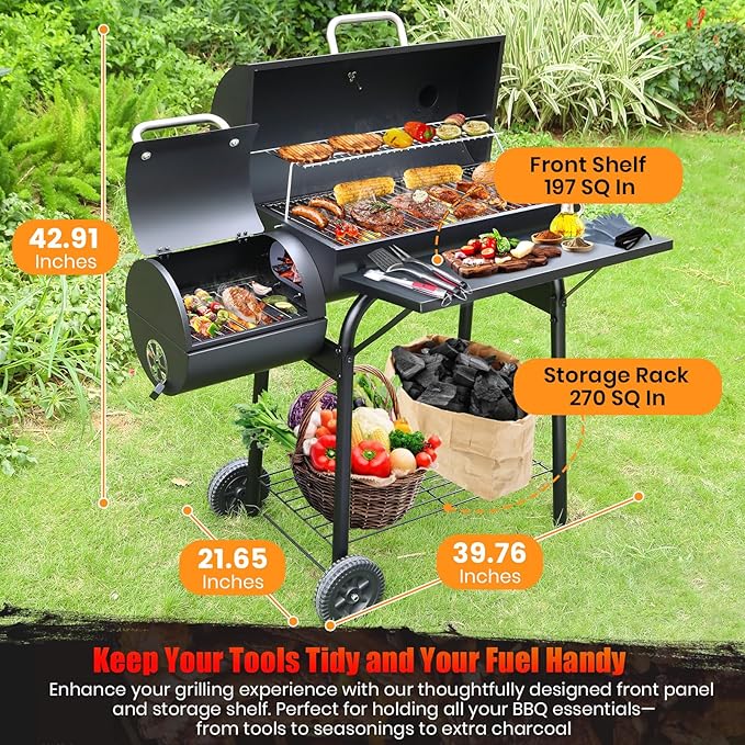 Offset Smoker Bundle with Steel Charcoal Bucket & 60 Starters