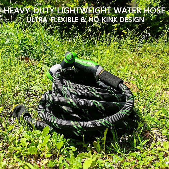 Junredy Garden Hose 25 FT, NON-EXPANDABLE Heavy-Duty Flexible & Lightweight Water Hose with 10-Function Nozzle, No-Kink, Leak-Proof Super Fabric, Solid Fittings for Lawn, Car, Outdoor (Black Green)