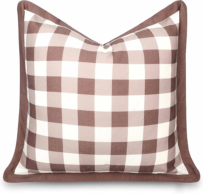 Crumbs Home Modern Farmhouse California Casual Indoor Outdoor Throw Pillow Cover, 22"x22" Water Repellent for Patio, Backyard, Couch, Poolside, Cocoa Brown Print Gingham