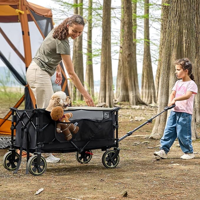 Timber Ridge Collapsible Wagon Cart with Brakes, 400lbs Heavy Duty Large Capacity Compact Portable Folding Wagon, Utility Grocery Cart for Camping, Gardening, Shopping-Grey