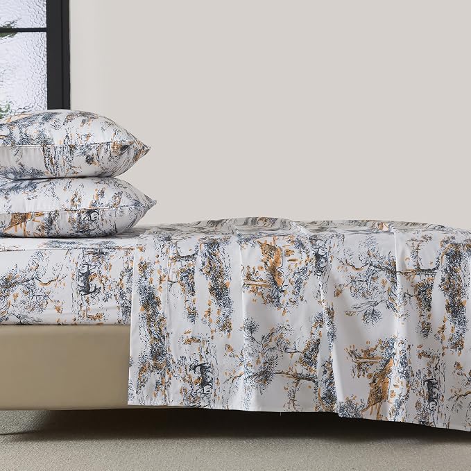 FADFAY Toile Sheets Set Cal King 100% Egyptian Cotton French Country Toile de Jouy Bedding Black and Gold Floral Bed Sheets Shabby Farmhouse Bedding Breathable Soft Deep Pocket 4Pcs, California King