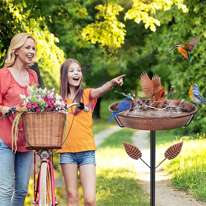 Metal Bird Bath for Outside, Freestanding Bird Baths with Removable Bowl, Birdbath & Bird Feeder with Upgraded Stable Stake for Garden Patio Yard Lawn (Vintage Brown, Leaf)