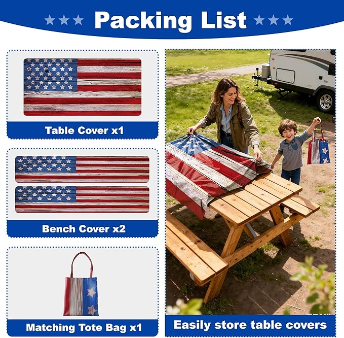 Picnic Table Cover with Bench Covers 6FT,Camping Essentials American Flag Waterproof Windproof Fitted Outdoor Tablecloth with Elastic Rectangle Table Cloth Camping Accessories