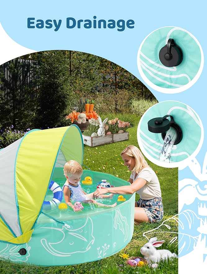 Hikiddy Foldable Kiddie Pool with Canopy: 31.5in/ 47in /63in for Baby Toddler Kids Family - Summer Water Play Pool with Shade - Portable for Outdoor Backyard Beach (Mint-Lemon, 47in)