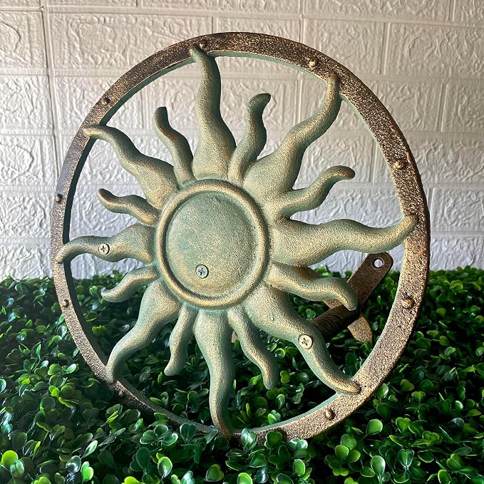 Zeckos Decorative Sun Cast Iron Hose Holder Verdigris & Bronze Finish, 11.5 in Heavy Duty Wall Mount Hose Reel, Outdoor Garden Storage Rack for Patio, Lawn, Yard, Weather Resistant, Hardware Included