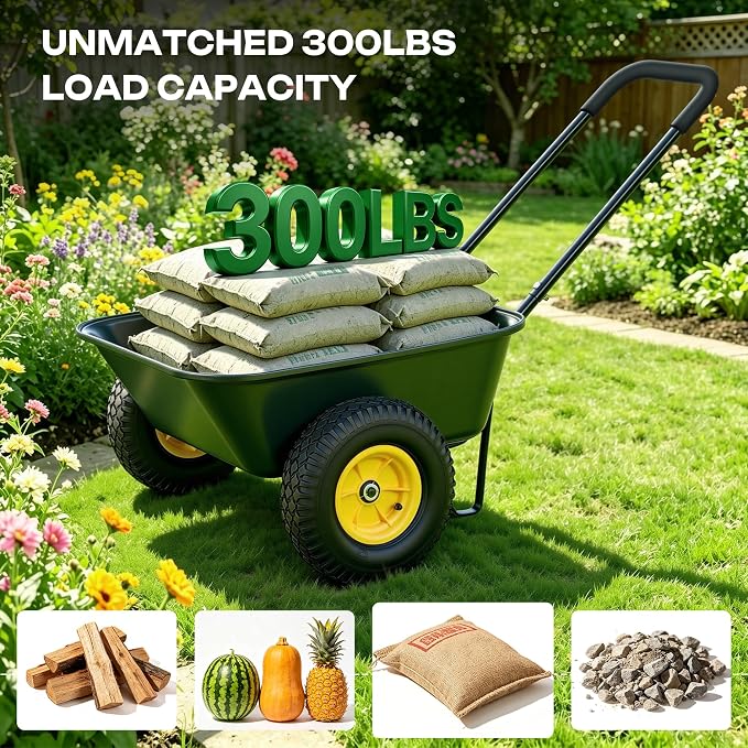 2 Wheel Wheelbarrows, Dual-Wheel Garden Dump Cart with 10" Non-Slip Pneumatic Tires & Ergonomic Padded Handle, Heavy-Duty Utility Yard Cart Wagon with 3 Cu Ft Capacity for Lawn, Gardening,Farm