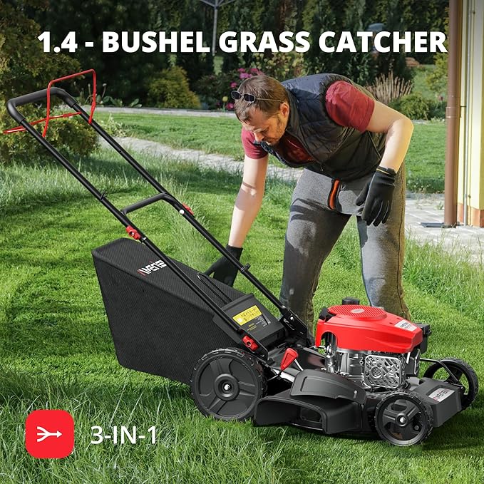 AMERISUN 21” Self-Propelled Gas Lawn Mower, 170cc 4-Stroke OHV Engine, 3-in-1 Mulching/Side Discharge/Rear Bag, 6-Height Adjustment, High Wheel Walk-Behind Lawn Mower for Medium to Large Yards