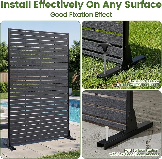 Outdoor Privacy Screen 72" H HDPE Decorative Freestanding Privacy Panel, Sandblasting Louvered Privacy Screens with Stand, Weather-Resistant Panel for Patio, Balcony, Backyard(6 Panels)