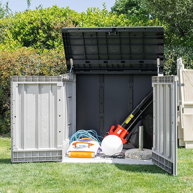 Toomax Stora Way All Weather Outdoor XL Horizontal Storage Shed Cabinet for Trash Can, Garden Tools, and Yard Equipment, Taupe Gray and Anthracite