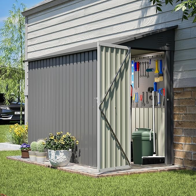 YOPTO 4x8 FT Lean to Outdoor Storage Shed,Metal Shed W/Floor Frame & Reversible Installation,All Weather Waterproof Garden Tool House W/Lockable Door & 2 Air Vents,for Backyard,Patio,Lawn,Gray