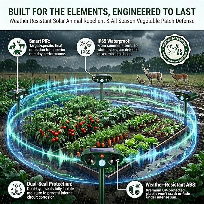 4Pack Upgraded Sonic Fortress Pro Deer Repellent Devices Solar Animal Repellent Ultrasonic Outdoor with Motion Activated for Squirrel Raccoon Rabbit Fox Cat Deterrent for Garden Yard Lawn Protection