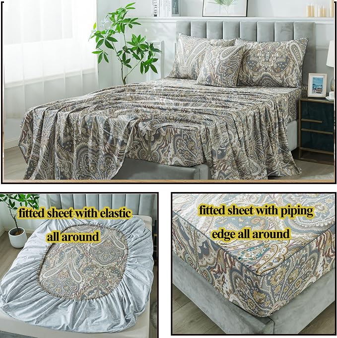 FADFAY Paisley Sheets Set King Classic Boho Paisley Bedding Luxurious Bohemian Damask Paisley Bed Sheet Set Breathable 100% Egyptian Cotton 800 Thread Count Deep Pocket Fitted Sheet 4Pcs, King Size