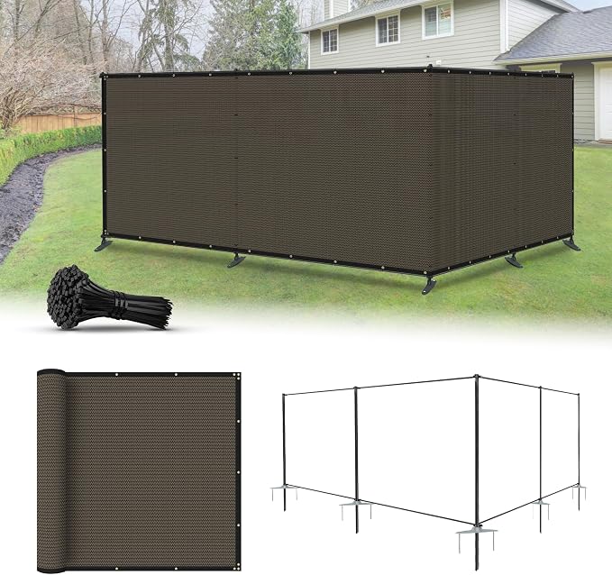 6'x145' Privacy Fence Kit Freestanding Mesh Screen with Iron Poles Temporary Fencing Outdoor Patio Backyard Divider Dog Air Conditioner Trash Fence Brown Custom