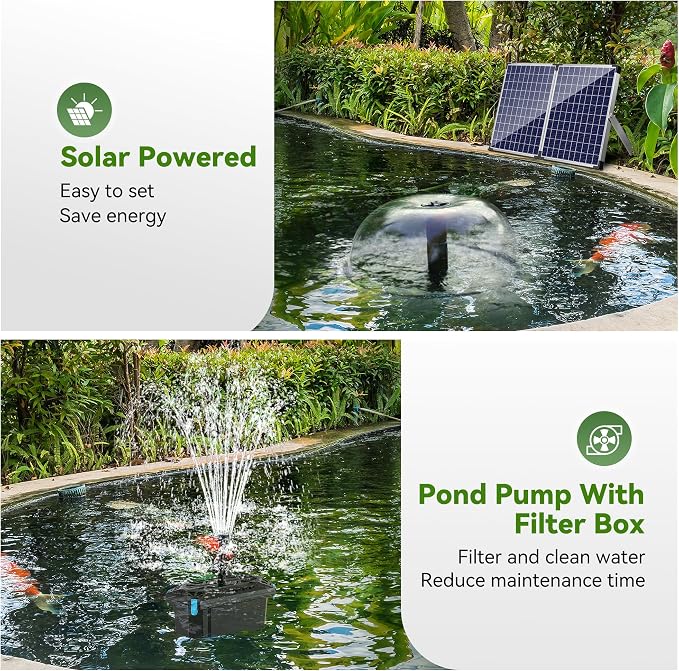 NFESOLAR 50W Solar Pond Filter Fountain, 580 GPH Water Pump, 10 FT Extension Cord, Solar Fountain Pump with Pond Filter Box Outdoor for Koi Ponds Water Feature