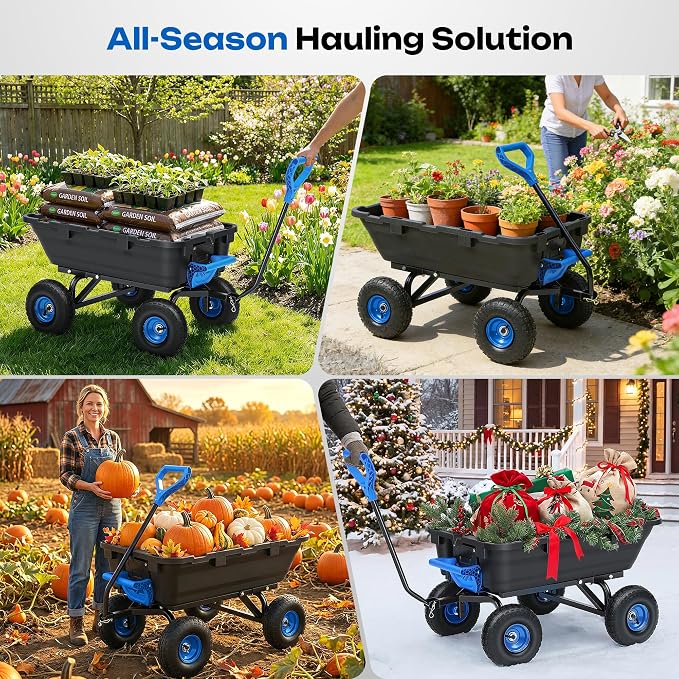 900LB Garden Dump Cart, 2026 Upgraded Heavy Duty Wheelbarrow Cart with 10" Non-Slip Pneumatic Tires & Quick-Release System, 4-Wheel Steel Frame Wagon for Transportation in Yard, Farm, Garden