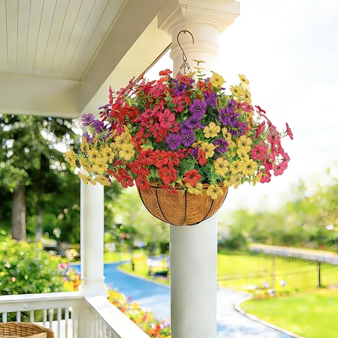 Senjie 4 Set Artificial Hanging Flowers with Basket for Outdoor Decor, UV Resistant 48 Bundles Faux Flowers Fake Hanging Planter for Porch Patio Balcony