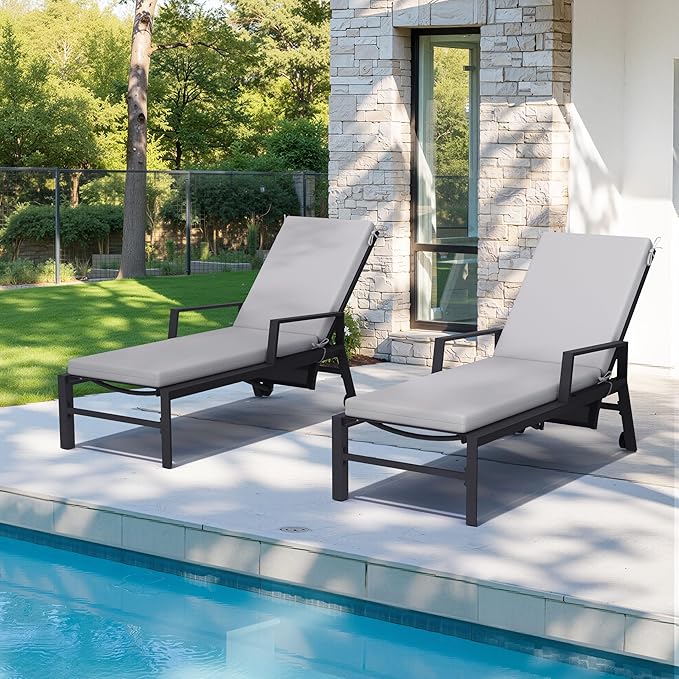 Crestlive Outdoor Chaise Lounge Cushions, 3 Years Fade Resistant Water Resistant Lounge Chair Cushion, 80''L x 23''W, Set of 2, Light Gray