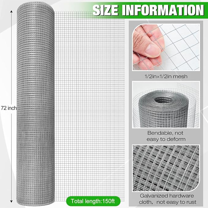 Tatuo Hardware Cloth 1/2 Inch 72in x 150ft Hot Dip Galvanized After Welded Cage Mesh Rolls 21 Gauge Metal Chicken Wire Roll Wire Fencing Poultry Netting for Raised Garden Rodent Animals