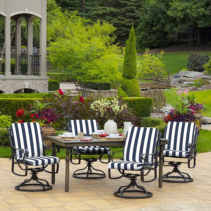 Arden 2-Pack Outdoor Patio Dining Chair Cushion, 20x44, Rain-Proof Seat Pad, Fade-Resistant Outdoor Cushion Sapphire Blue Cabana Stripe