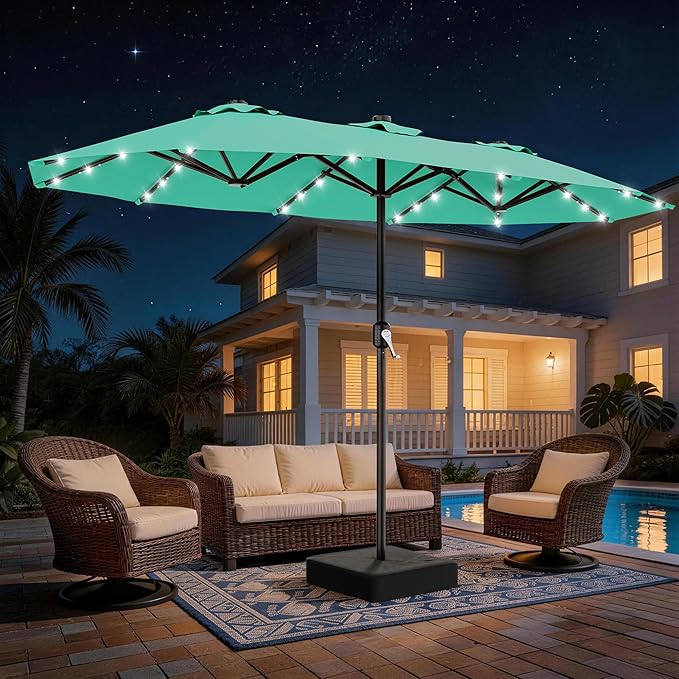 AreShark 13 FT Patio Umbrella with Solar Lights, Double-Sided Outdoor Table Umbrellas with Crank, Large Rectangular Market Umbrella for Porch, Lawn, Pool, Backyard, Cerulean