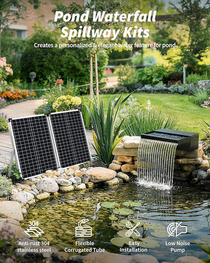 POPOSOAP 55W Solar Pond Waterfall Spillway with Pond Pump, Pond Spillway with 304 Stainless Steel & Filtration System & 9.8FT Tube for Pond Fountain Waterfall Garden Water Features-P5552S