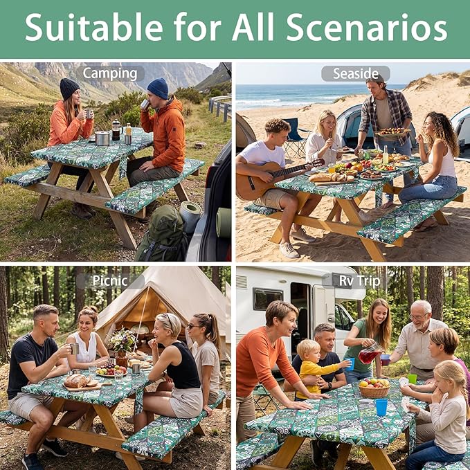 Fitted Waterproof Picnic Table Cover with Bench Covers Elastic 72×30In 3 Piece Camping Table Cloth for 6Ft Rectangle Tables Outdoor Camper Gifts Supplies Patio Rv Traveling Hiking Must Haves
