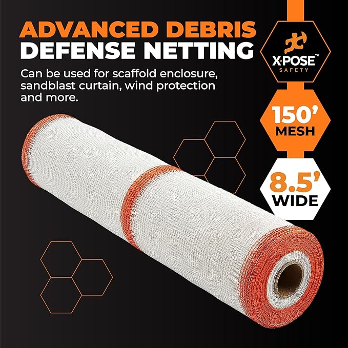 Xpose Safety Debris Netting for Construction – 8.5’ x 150’, 1/6" Mesh Scaffold Safety Net, Temporary Material Roll, Visibility Fence, Heavy-Duty Fire Retardant, White (35-Pack)