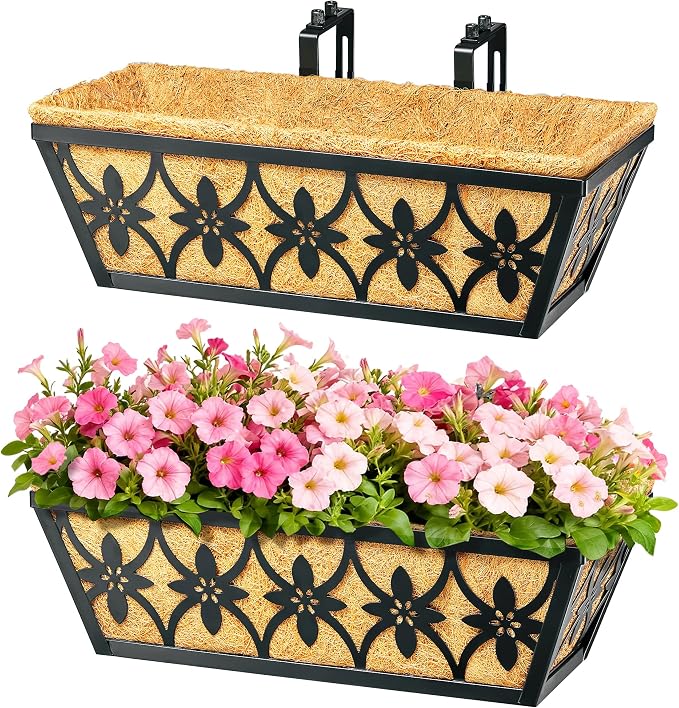 16 Inch Window Boxes Planters Railing Planter Box - 4 Pack Deck Railing Planter Boxes with Adjustable Brackets Coco Liners Balcony Planters Railing Hanging for Window Flower Boxes Outdoor Garden Decor