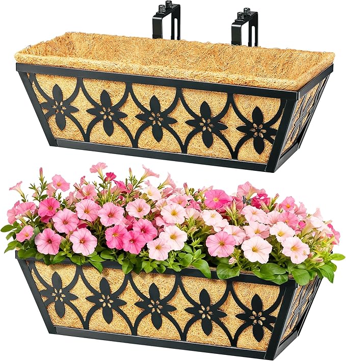 16 Inch Window Boxes Planters Railing Planter Box - 2 Pack Deck Railing Planter Boxes with Adjustable Brackets Coco Liners Balcony Planters Railing Hanging for Window Flower Boxes Outdoor Garden Decor