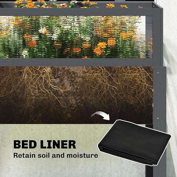 Outsunny Wooden Raised Garden Bed with Flip-Up Greenhouse Top, Raised Garden Bed with Legs and Bed Liner, Elevated Planter Box for Flowers, Vegetables, Herbs, Gray
