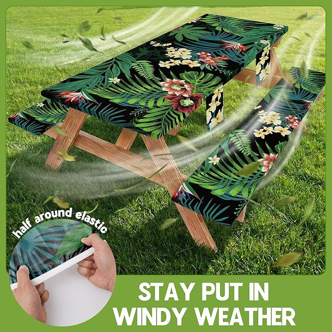 Picnic Table Cover with Bench Covers Waterproof Elastic Rectangle Tablecloth Camping Essentials Supplies Rv Car Travel Gear Must Haves Accessories Fitted Table Cloth Outdoor Road Trip Camper Gifts 6ft